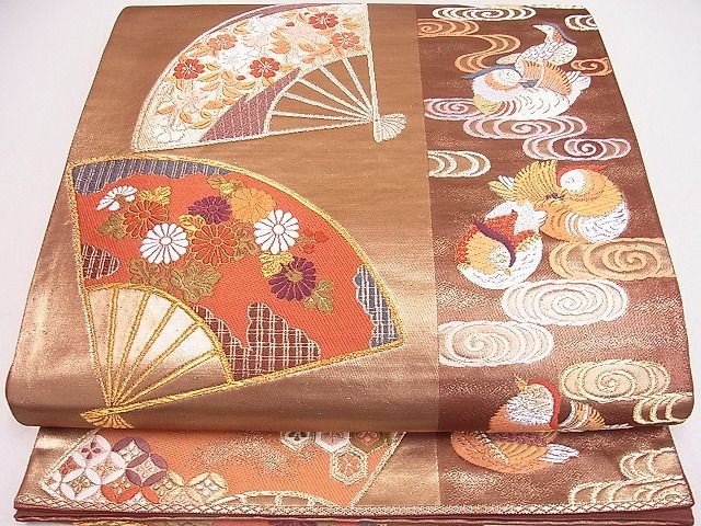 平和屋着物■六通柄袋帯 唐織 扇面鴛鴦花文 金銀糸 逸品 ya0775