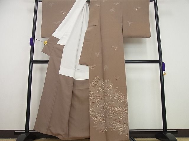 平和屋本店●超希少 品川恭子 訪問着 銀煤竹色地 草花文 金彩 逸品4s150.