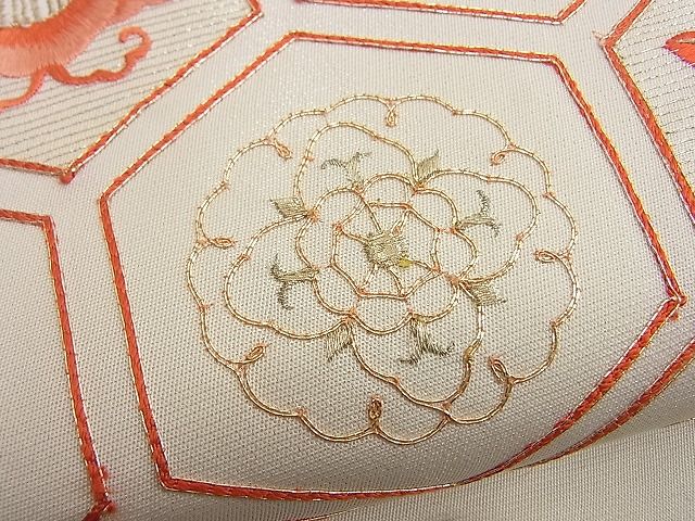 平和屋着物■九寸開き名古屋帯 総刺繍 駒刺繍 亀甲椿花文 逸品 n-kg5326