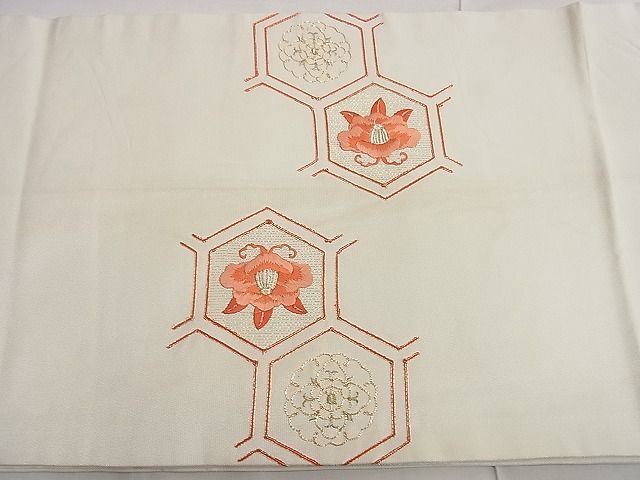 平和屋着物■九寸開き名古屋帯 総刺繍 駒刺繍 亀甲椿花文 逸品 n-kg5326