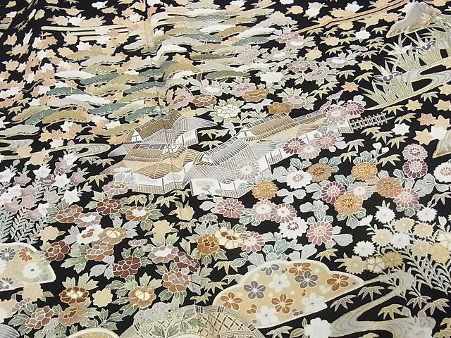 平和屋本店●極上 訪問着 友禅 駒刺繍 茶屋辻 黒地 金彩 着丈162cm 裄丈65.5cm 正絹 逸品 4kk0084