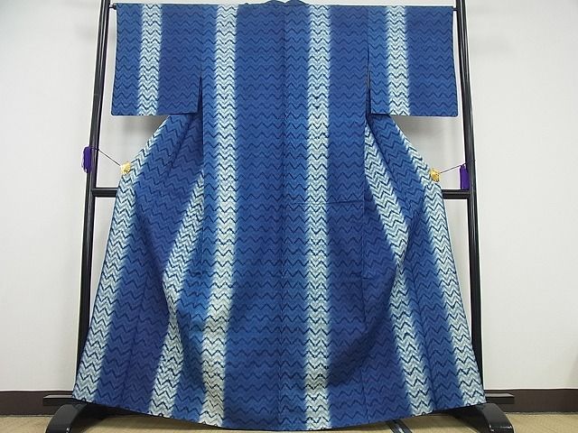 平和屋本店▽極上 紬 本藍 絞り 単衣 逸品 4s235
