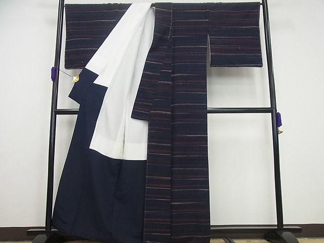 平和屋本店●極上 郡上紬 草木染 横段文 逸品 未使用4s297