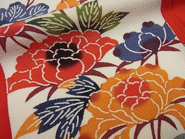 平和屋本店●極上 和染紅型 栗山紅型 栗山吉三郎 振袖 誰が袖草花文 鬼しぼ縮緬 逸品4s303