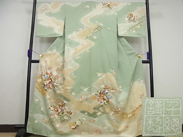 平和屋本店●極上 創業460年・千總 訪問着 駒刺繍 霞草花文 金彩 小田急扱い 逸品4s314