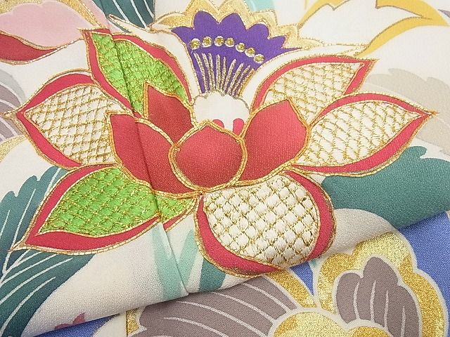 平和屋本店●極上 創業460年・千總 振袖・長襦袢セット 駒刺繍 更紗花唐草文 金彩 半衿刺繍 逸品4s316