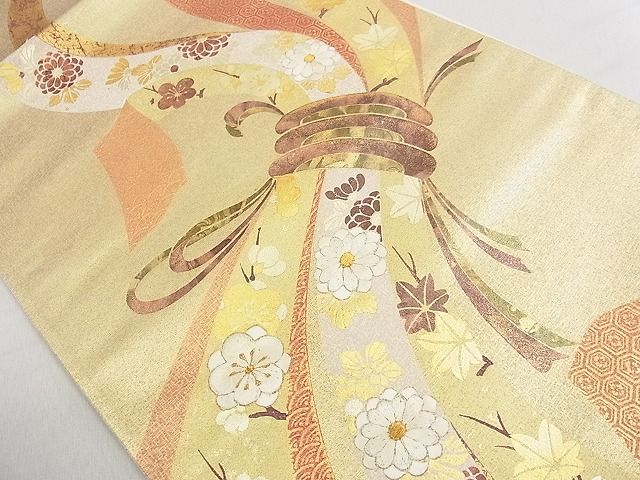 平和屋着物■六通太鼓柄袋帯 刺繍 束ね熨斗花文 金彩 逸品 ap5506