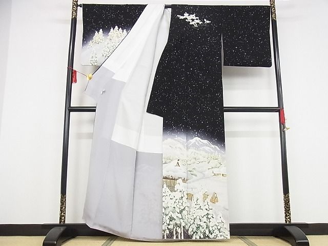平和屋本店●極上 友禅作家 茂野大生 訪問着・袋帯セット 雪景色 雪ん子 黒地 鬼しぼ縮緬 着丈161cm 裄丈67cm 正絹 逸品 4kk0173