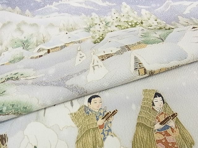 平和屋本店●極上 友禅作家 茂野大生 訪問着・袋帯セット 雪景色 雪ん子 黒地 鬼しぼ縮緬 着丈161cm 裄丈67cm 正絹 逸品 4kk0173