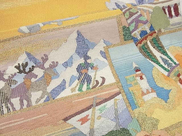 平和屋本店●極上 手織綴れ 山鹿清華 太鼓柄袋帯 人物吉祥風景文 金銀糸 逸品4s513