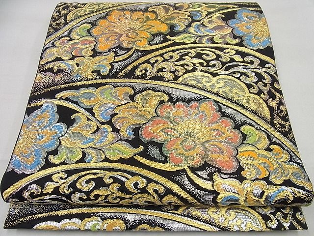 平和屋本店●極上 龍村美術織物 たつむら 六通柄袋帯 聖華彩麗錦 金銀糸 黒地 たとう紙・共箱付き 逸品4s558