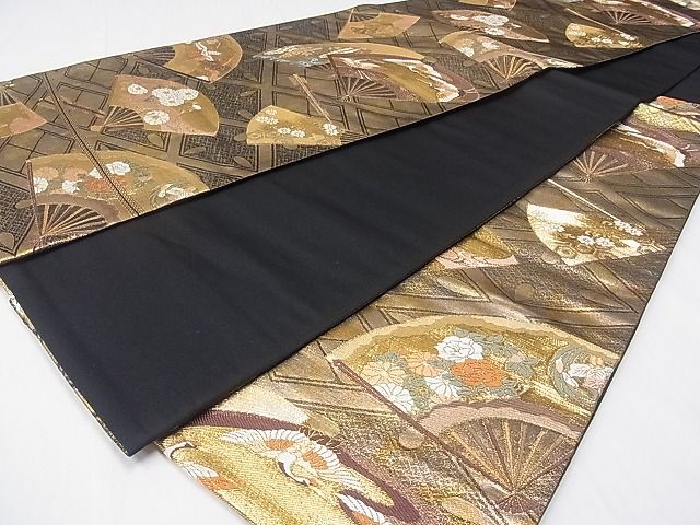 平和屋着物■六通柄袋帯 唐織 扇面飛鶴花文 金糸 逸品 CAAA3113fb
