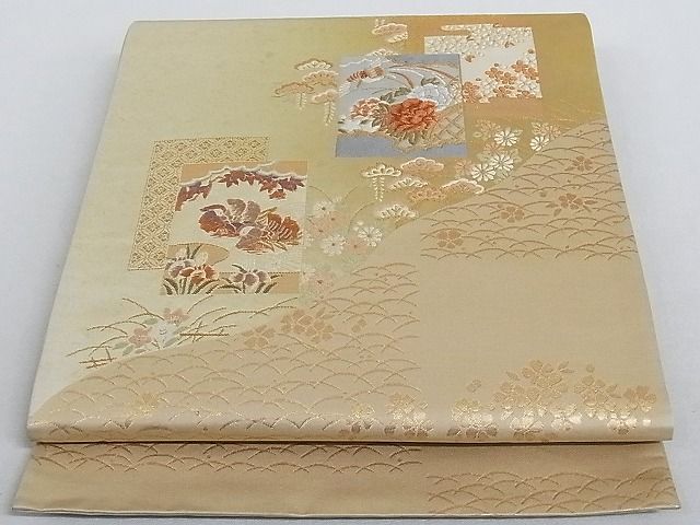 平和屋着物■太鼓柄袋帯 唐織 色紙重ね花鳥文 金糸 正絹 逸品 AAAC2083Aog