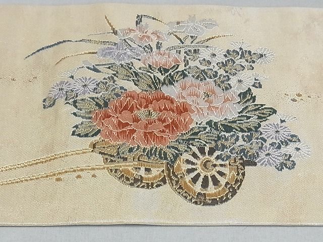 平和屋着物■九寸名古屋帯 唐織 花車文 金糸 正絹 逸品 AAAC2843Ahg