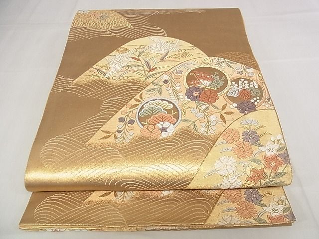 平和屋着物■六通柄袋帯 唐織 飛鶴花蝶丸文 正絹 逸品 AAAC1587Apf