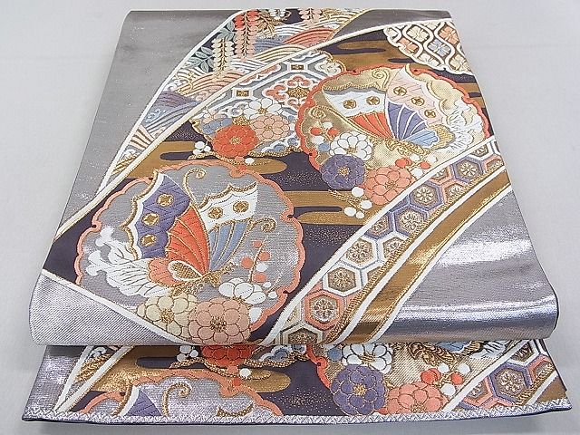 袋帯 六通 雪輪 華文 花々 24M560f 中古】美品 本金箔 六通柄 袋帯 雪輪流水花車文／金（b3507891