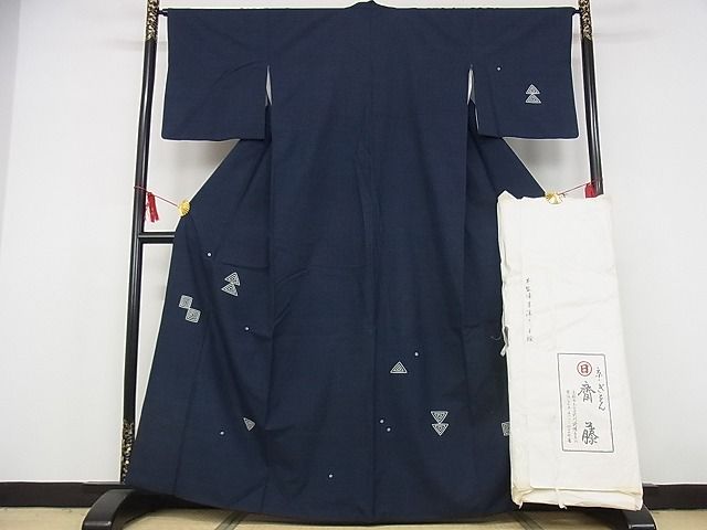 平和屋本店●極上 京都祇園の老舗 ぎをん齋藤 綿薩摩 訪問着 本藍染 駒刺繍 幾何学文様 たとう紙付き 木綿 逸品 KAAA0474kk4