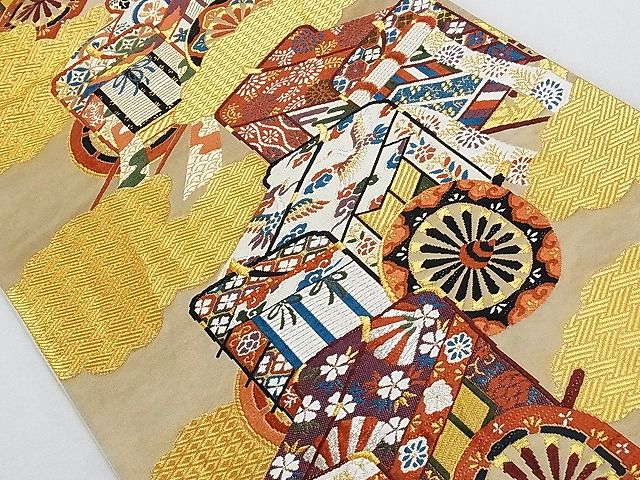 平和屋着物■六通柄袋帯 唐織 雲取り御所車文 金糸 正絹 逸品 AAAC2173Aog