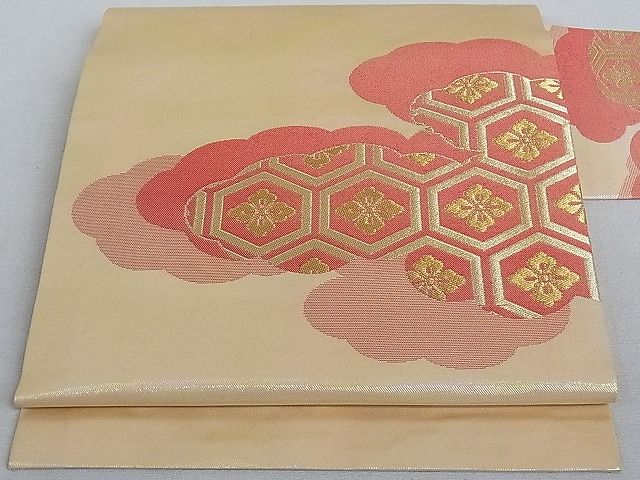 平和屋着物□九寸名古屋帯 雲重ね亀甲花文 金糸 正絹 逸品