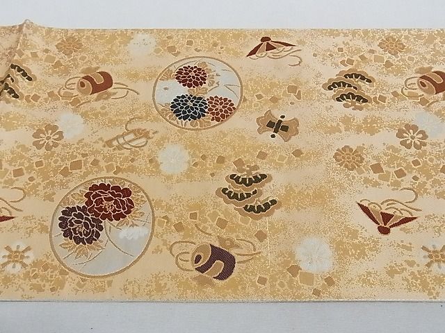 平和屋着物■六通柄袋帯 吉祥錦 吉祥花丸文 腹紋別柄 金糸 正絹 逸品 AAAC2175Aog