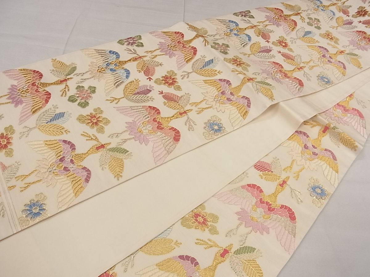 平和屋着物●皇室・伊勢神宮御用 御御帯 山口美術織物 山口弘躬 袋帯 草花自然織 松食鶴文 色紙付き 金銀糸 逸品 CAAA6641yk