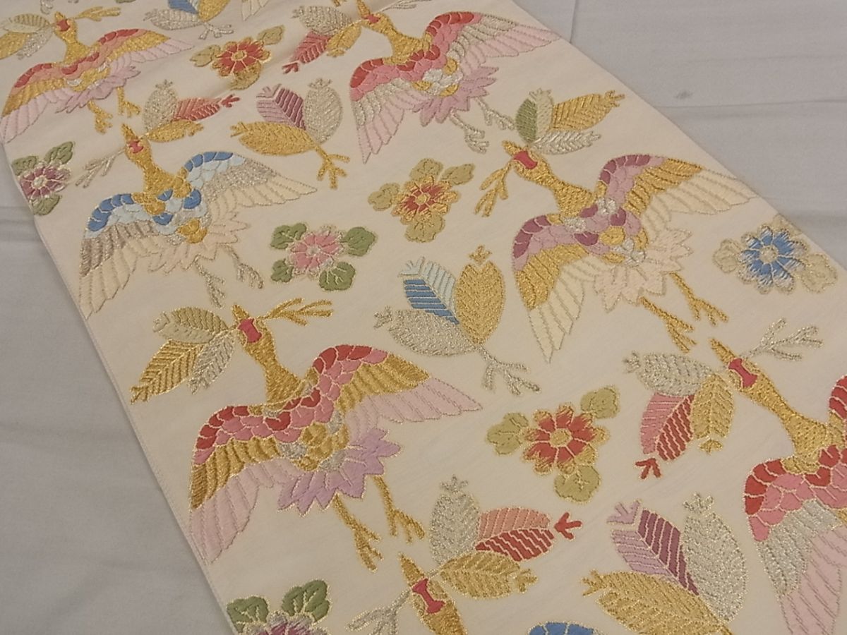 平和屋着物●皇室・伊勢神宮御用 御御帯 山口美術織物 山口弘躬 袋帯 草花自然織 松食鶴文 色紙付き 金銀糸 逸品 CAAA6641yk