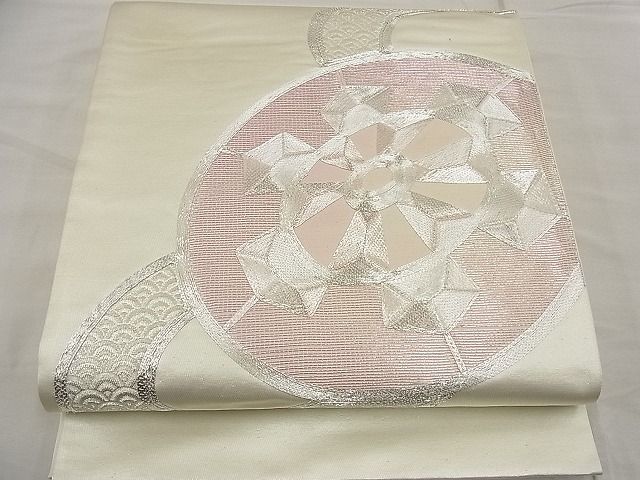 平和屋着物■太鼓柄袋帯 銀駒刺繍 源氏車 銀糸 逸品 n-ea1915