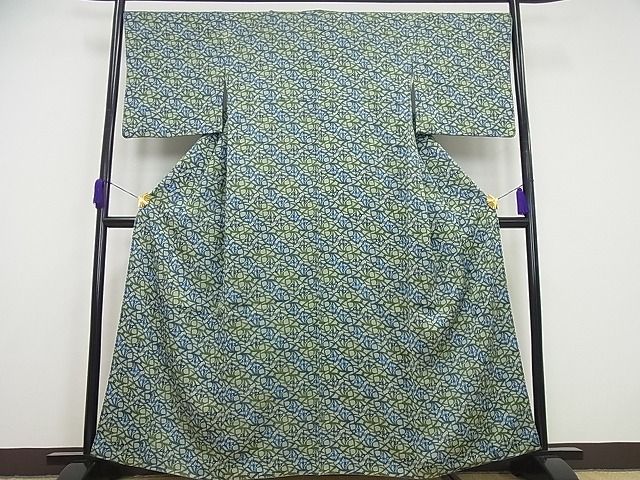 平和屋本店■最高級 城間栄順 本場琉球紅型 小紋 利休織 草花文 反端付き 逸品4s340