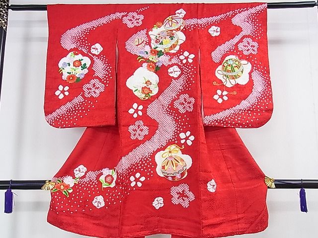 平和屋本店■極上 子供 七五三 女の子 3歳 祝着・襦袢・帯・小物セット 刺繍 花毬文 金糸 逸品 DZAA0093kh4