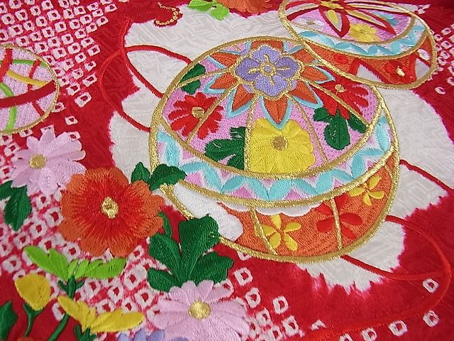 平和屋本店■極上 子供 七五三 女の子 3歳 祝着・襦袢・帯・小物セット 刺繍 花毬文 金糸 逸品 DZAA0093kh4