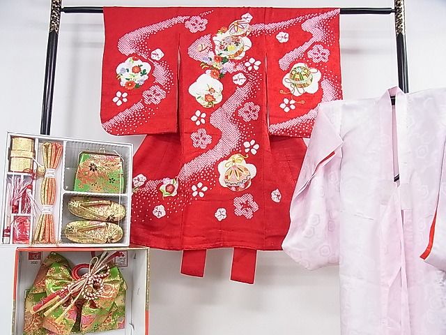 平和屋本店■極上 子供 七五三 女の子 3歳 祝着・襦袢・帯・小物セット 刺繍 花毬文 金糸 逸品 DZAA0093kh4