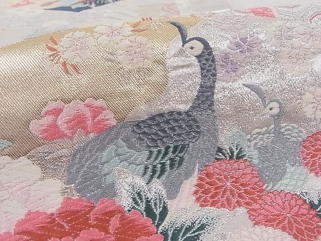 平和屋着物■六通柄袋帯 唐織 扇面孔雀花文 金銀糸 正絹 逸品 AAAD7900Agk