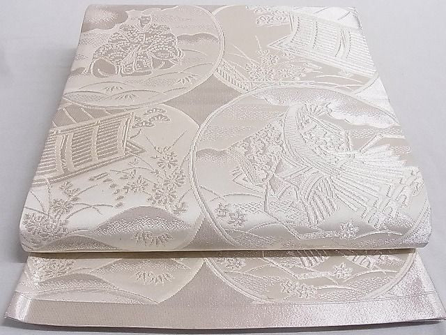 平和屋着物■六通柄袋帯 唐織 人物風景丸文 銀糸 正絹 逸品 AAAD9026Ajz