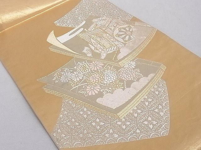 平和屋着物■六通柄袋帯 唐織 冊子御所車花文 金銀糸 引箔 正絹 逸品 AAAD9033Ajz
