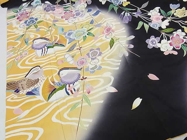 平和屋本店●極上 振袖 友禅 作家物 鴛鴦 暈し染め 黒地 正絹 逸品 KAAA0647kk4
