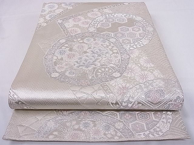 平和屋着物◎六通柄袋帯 裂取鏡裏文 銀糸 正絹 逸品 AAAD9068Ajz