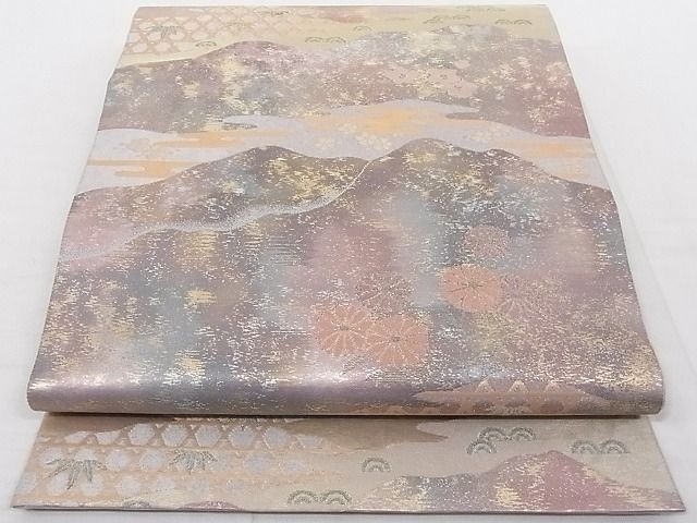 平和屋着物◎六通柄袋帯 遠山風景花文 引箔 正絹 逸品 AAAD7988Agk