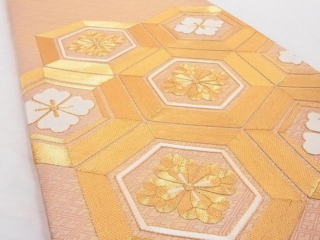 平和屋着物◎佐賀錦 太鼓柄袋帯 駒刺繍 亀甲花文 金糸 正絹 逸品 AAAD8000Agk