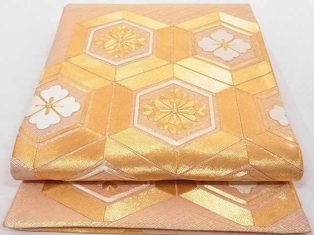 平和屋着物◎佐賀錦 太鼓柄袋帯 駒刺繍 亀甲花文 金糸 正絹 逸品 AAAD8000Agk