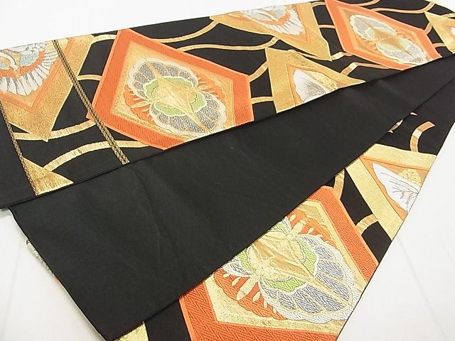 平和屋着物◎六通柄袋帯 唐織 立涌双鶴双蝶菱文 黒地 金糸 逸品 DAAA3466rt