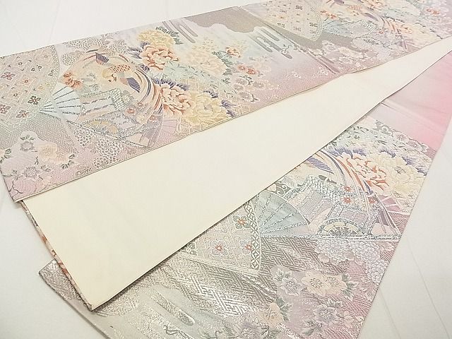 平和屋着物◎六通柄袋帯 唐織 扇面御所車花鳥文 銀糸 逸品 DAAA3501rt