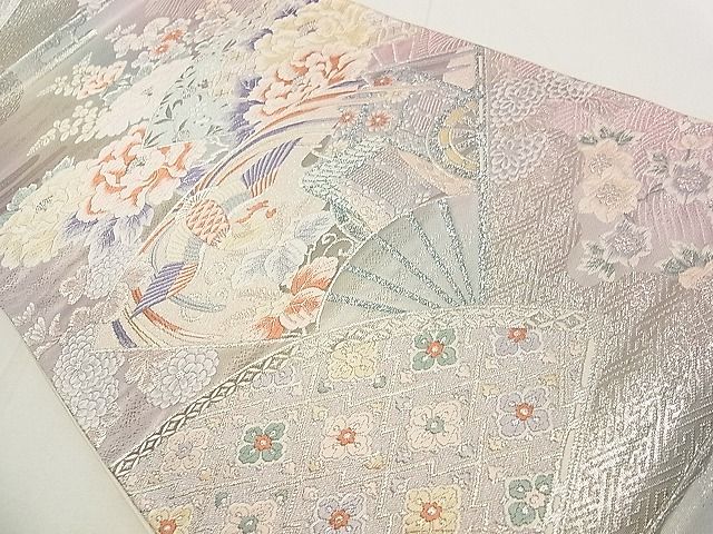 平和屋着物◎六通柄袋帯 唐織 扇面御所車花鳥文 銀糸 逸品 DAAA3501rt