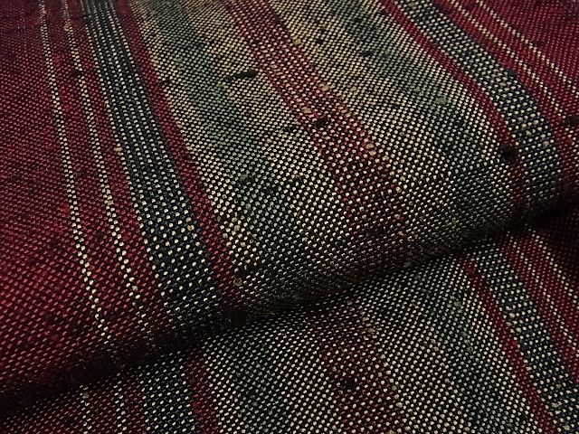 平和屋本店▽希少 伊兵衛織 工芸手織 単衣 臙脂縦縞 たとう紙付き 逸品 DZAA0147kh4