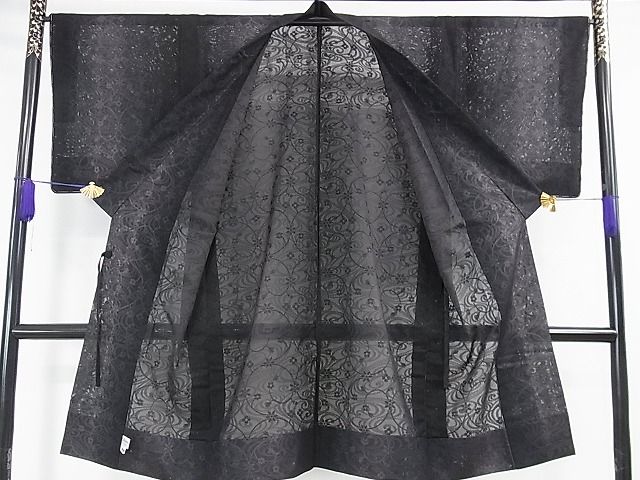 平和屋本店▽極上 道中着 うすお召 スリーシーズン 春夏秋 塵除け ロング丈 紗 流水花文 暈し染め 黒地 反端付き 逸品 未使用 DZAA0164kh4