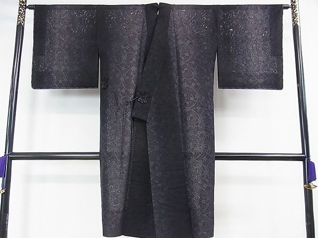 平和屋本店▽極上 道中着 うすお召 スリーシーズン 春夏秋 塵除け ロング丈 紗 流水花文 暈し染め 黒地 反端付き 逸品 未使用 DZAA0164kh4