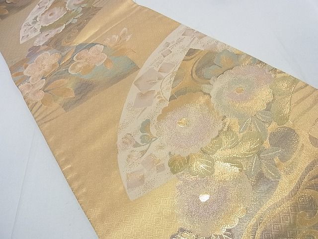 平和屋着物◎六通柄袋帯 扇面草花文 金糸 逸品 DAAA0698ea