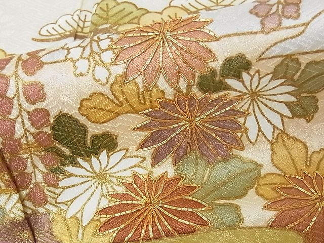 平和屋本店■極上 皇室献上作家 藤井寛 訪問着 駒刺繍 彩の宴 風景草花文 金彩 反端付 象牙色地 正絹 逸品 未使用 KAAA0710kk4