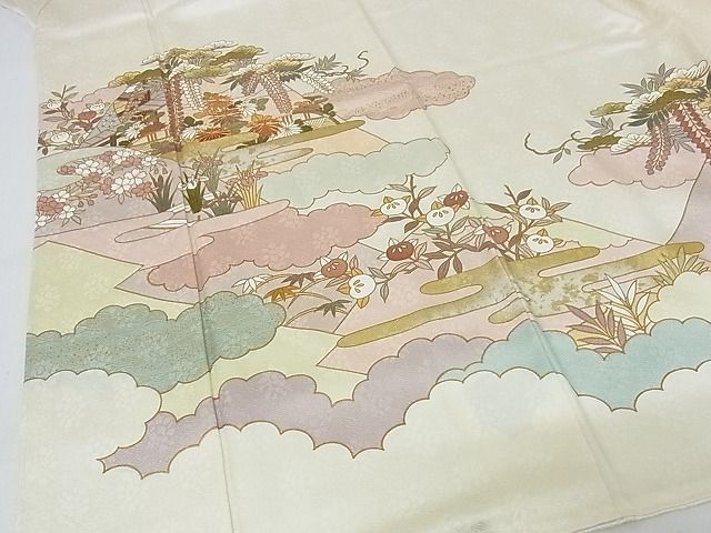 平和屋本店■極上 皇室献上作家 藤井寛 訪問着 駒刺繍 彩の宴 風景草花文 金彩 反端付 象牙色地 正絹 逸品 未使用 KAAA0710kk4