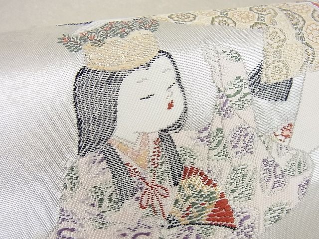 平和屋着物●加賀友禅の巨匠 初代 由水十久 西陣 長嶋成織物 太鼓柄袋帯 女鶴亀 瀞銀錦 逸品 未使用 DAAB7953ps