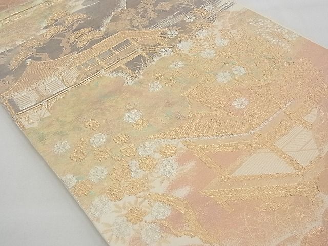 平和屋着物◎六通柄袋帯 美綾にしき 風景文 錦引箔 金銀糸 逸品 BAAD1650du